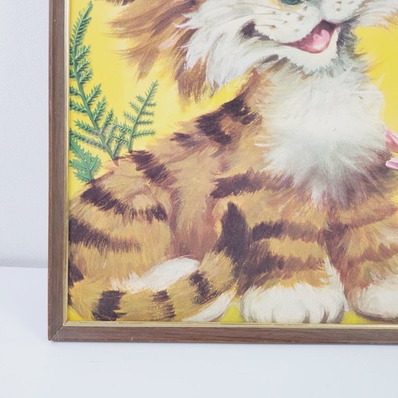 Vintage 1970's Nursery Art Lot Framed Big Animal Elephant & Tiger Kitty - Picture 9 of 13